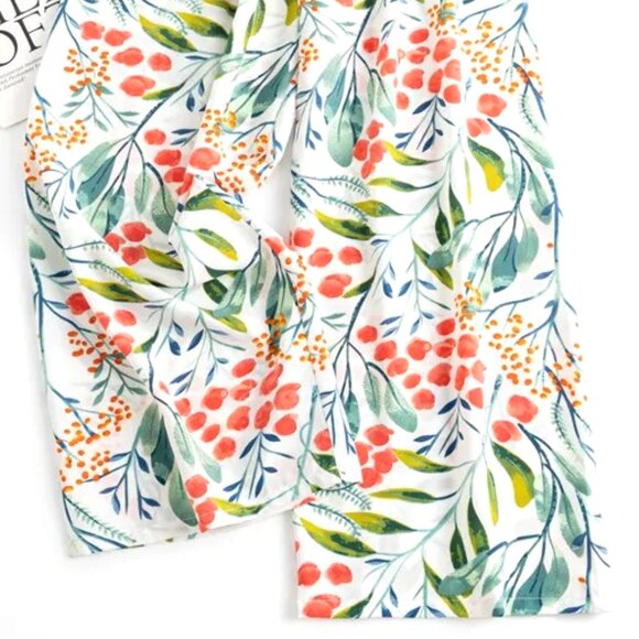 LONGER LENGTH CASUAL PANTS O/S WHITE BACKGROUND W/ORANGE FLOWERS & GREEN LEAVES - Picture 2 of 2